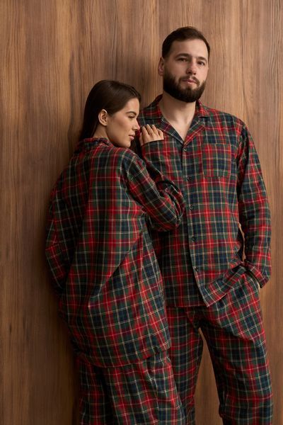 Парна піжама комплектом жіноча чоловіча Family Look фланель зелена з червоним 452424 фото