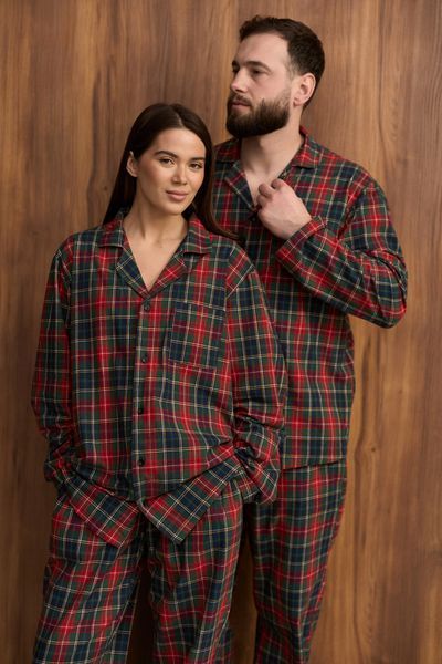 Парна піжама комплектом жіноча чоловіча Family Look фланель зелена з червоним 452424 фото
