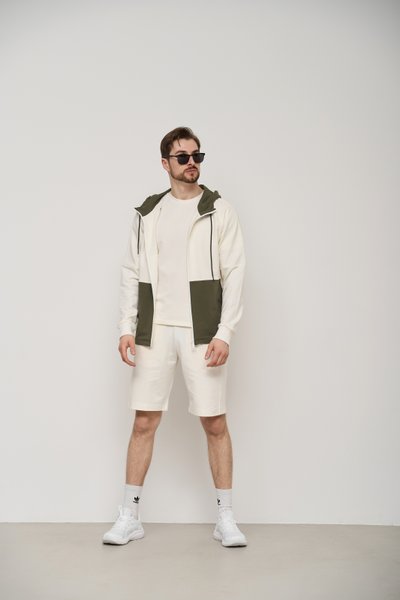 Спортивний костюм чоловічий літо SUMMER з кофтою на замку + шорти молочний хакі 2100 фото