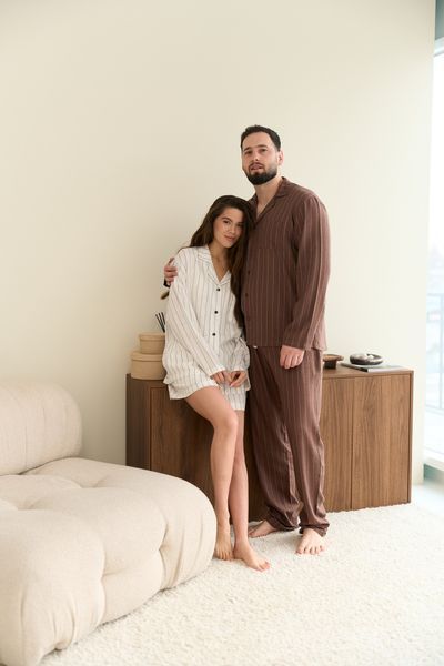 Парна піжама комплектом жіноча з шортами чоловіча Family Look льон какао молочна 03640265 фото