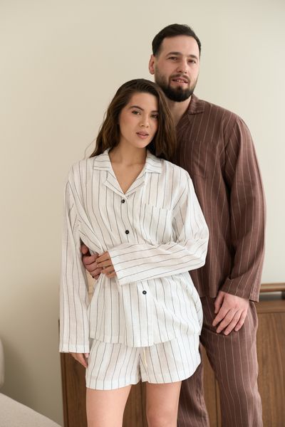 Парна піжама комплектом жіноча з шортами чоловіча Family Look льон какао молочна 03640265 фото