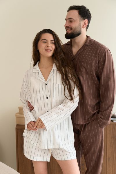 Парна піжама комплектом жіноча з шортами чоловіча Family Look льон какао молочна 03640265 фото