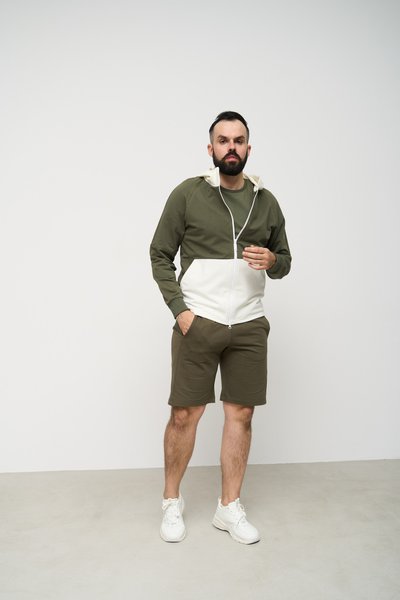 Спортивный костюм мужской лето SUMMER с кофтой на замке + шорты хаки молочный 2103-0 фото