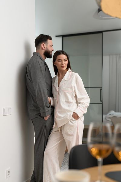 Парная пижама комплект женская мужская Family Look вареный хлопок с розовым кантом графит молочный 454042-P фото