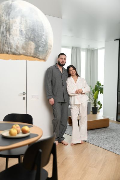 Парная пижама комплект женская мужская Family Look вареный хлопок с розовым кантом графит молочный 454042-P фото