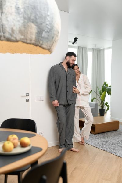 Парная пижама комплект женская мужская Family Look вареный хлопок с розовым кантом графит молочный 454042-P фото