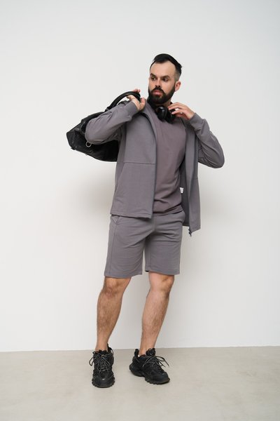 Спортивний костюм чоловічий ТРІЙКА літо SUMMER з кофтою на замку + шорти + футболка сірий 2109-3 фото