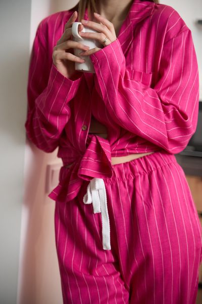 Пижама женская в полоску лен LINEN STRIP розовая 0363 фото