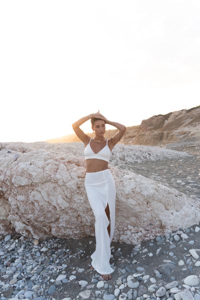 Комплект женский на лето лен топ + юбка CUBA молочный  1100 фото