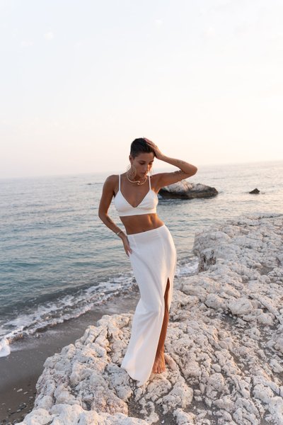 Комплект женский на лето лен топ + юбка CUBA молочный  1100 фото