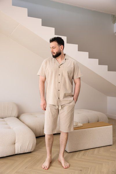 Піжама чоловіча в лінію варена бавовна COTTON STRIP SHORT з шортами бежева 0235 фото