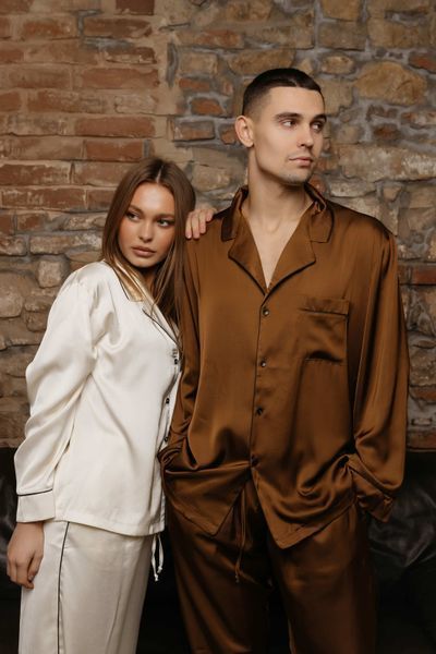 Парна піжама комплектом жіноча чоловіча Family Look сатин коричнева айворі 453033 фото