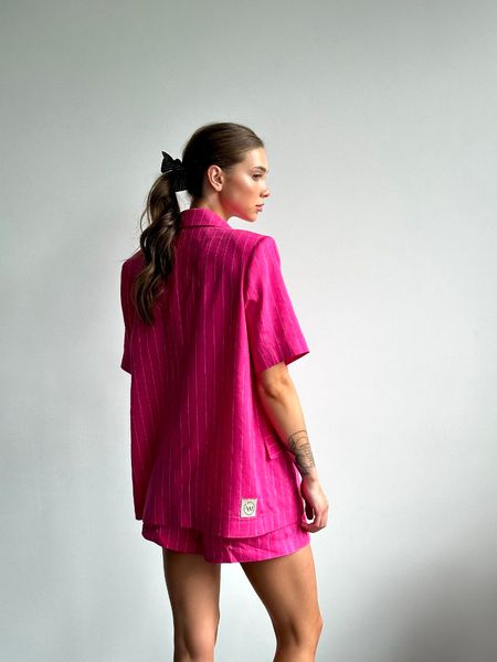 Костюм женский классический на лето лен жакет + шорты YM PINK LOVE розовый YM-1003 фото