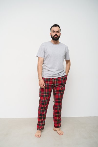 Пижама мужская футболка серая + штаны в клетку красные 0868-4 фото
