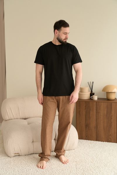 Пижама мужская футболка черная + штаны SOFT в клетку песчаные 0822-4 фото